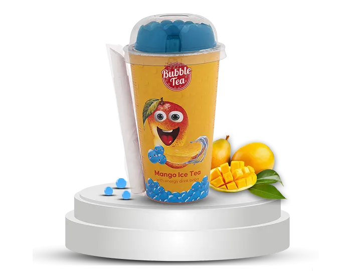 Mango Ice Tea with energy drink boba in a cheerful bubble tea cup featuring a smiling cartoon mango character.