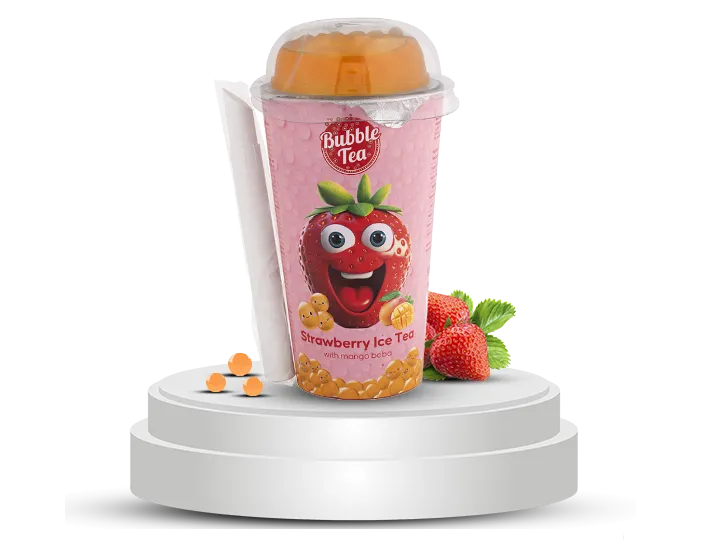 Strawberry Ice Tea with mango boba in a fun bubble tea cup featuring a cartoon strawberry character.