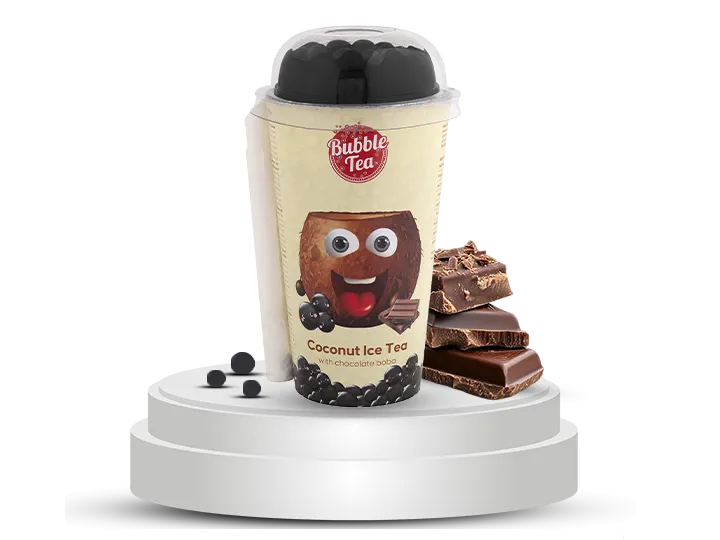 Coconut Ice Tea with chocolate boba in a fun bubble tea cup featuring a smiling cartoon coconut character and stacked chocolate pieces.