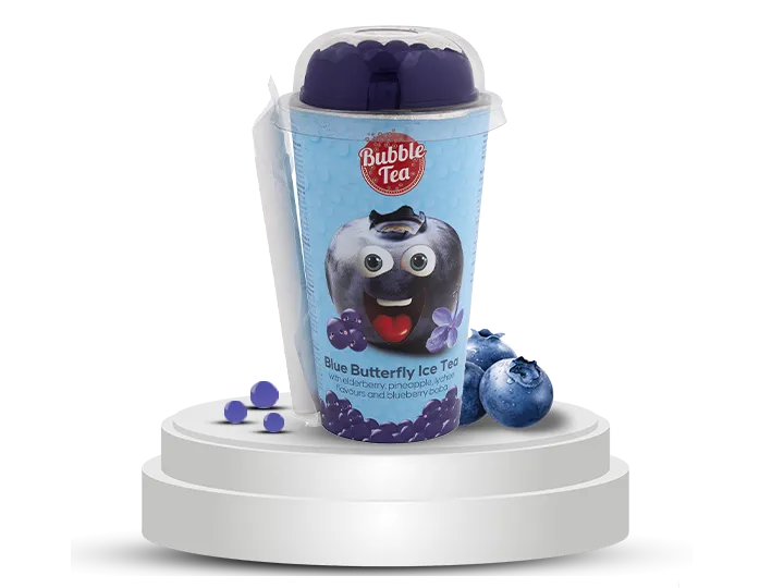 Blue Butterfly Ice Tea with wildberry, pineapple, and blueberry boba in a playful bubble tea cup featuring a smiling cartoon blueberry character.
