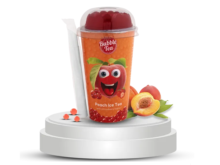 Peach Ice Tea with strawberry boba in a vibrant bubble tea cup featuring a smiling cartoon peach character.