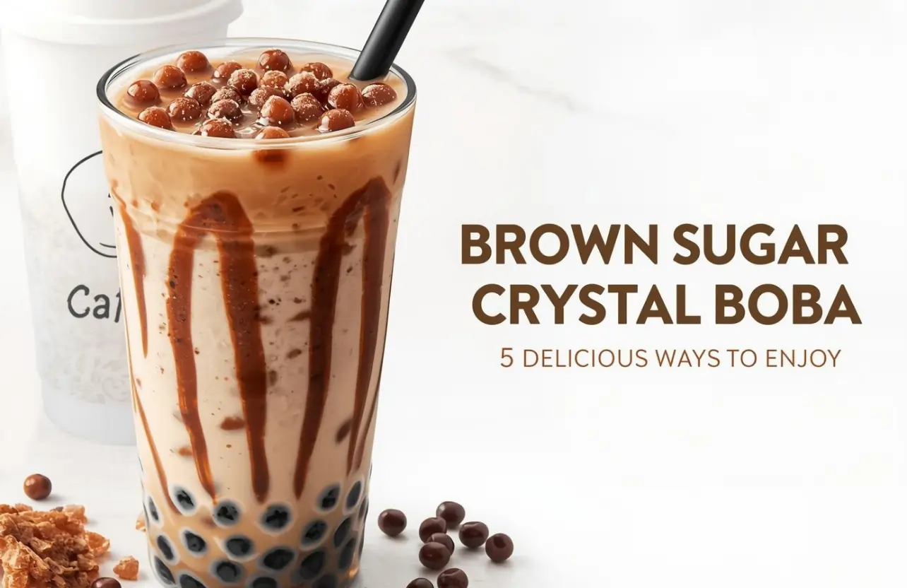 Brown sugar crystal boba in professional bubble tea cup with tiger stripes, milk tea, and wide straw showing ready-to-serve presentation