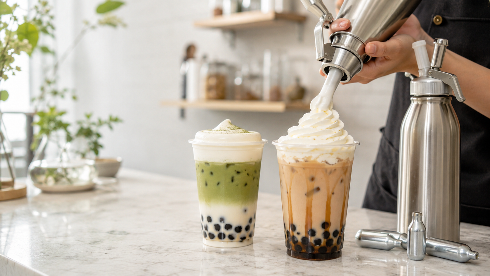 Whipped cream topping on iced bubble tea prepared with cream dispenser