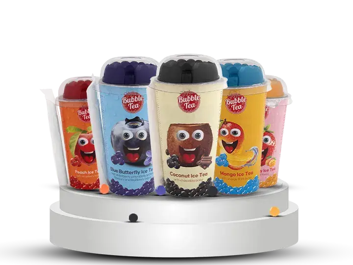 Colorful Bubble Tea cups in fun flavors like Peach, Blue Butterfly, Coconut, Mango, and Strawberry, each with playful cartoon faces.