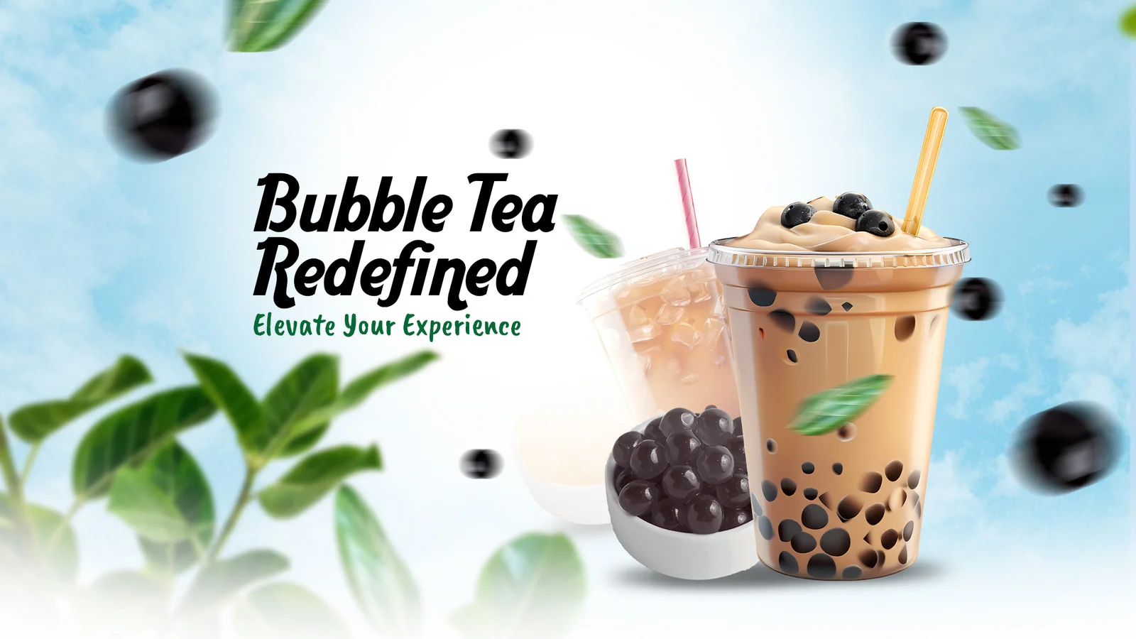 Bubble tea with tapioca pearls, ice, and a straw, alongside the slogan 'Bubble Tea Redefined.