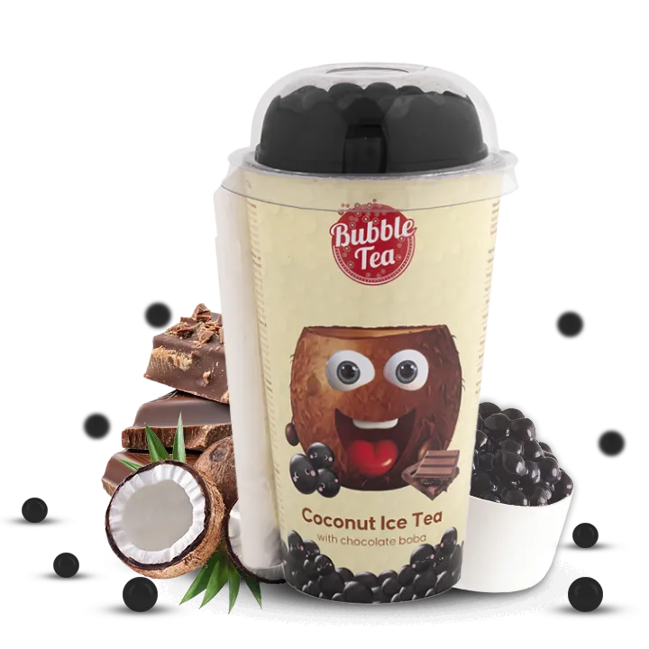 Coconut Ice Tea with chocolate boba in a fun bubble tea cup, surrounded by chocolate pieces.
