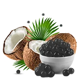 Black tapioca pearls with fresh coconut.