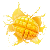 Cubed mango with vibrant yellow juice splashing around it, creating a fresh and tropical visual effect.