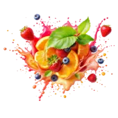 Splash of mixed fruits including oranges, strawberries, blueberries, and raspberries.